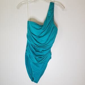 La Blanca One Shoulder One Piece Swimsuit w Side Ruching Teal Size 8